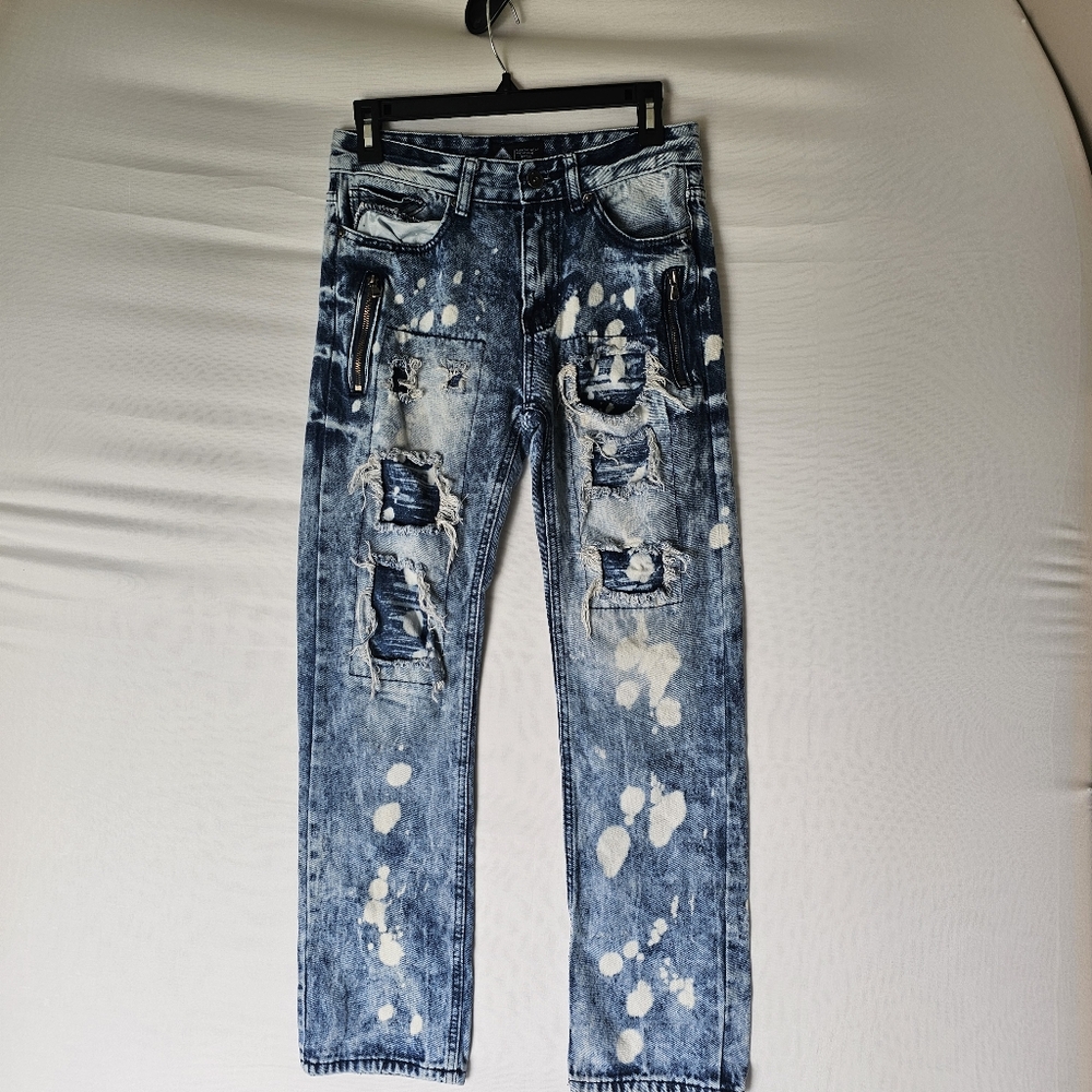 Kid's Youth Distressed Blue Paint-Splash Jeans